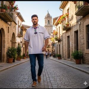 Men's Mexican Traditional Guayabera Button Up Collared Shirt, White, Size Medium